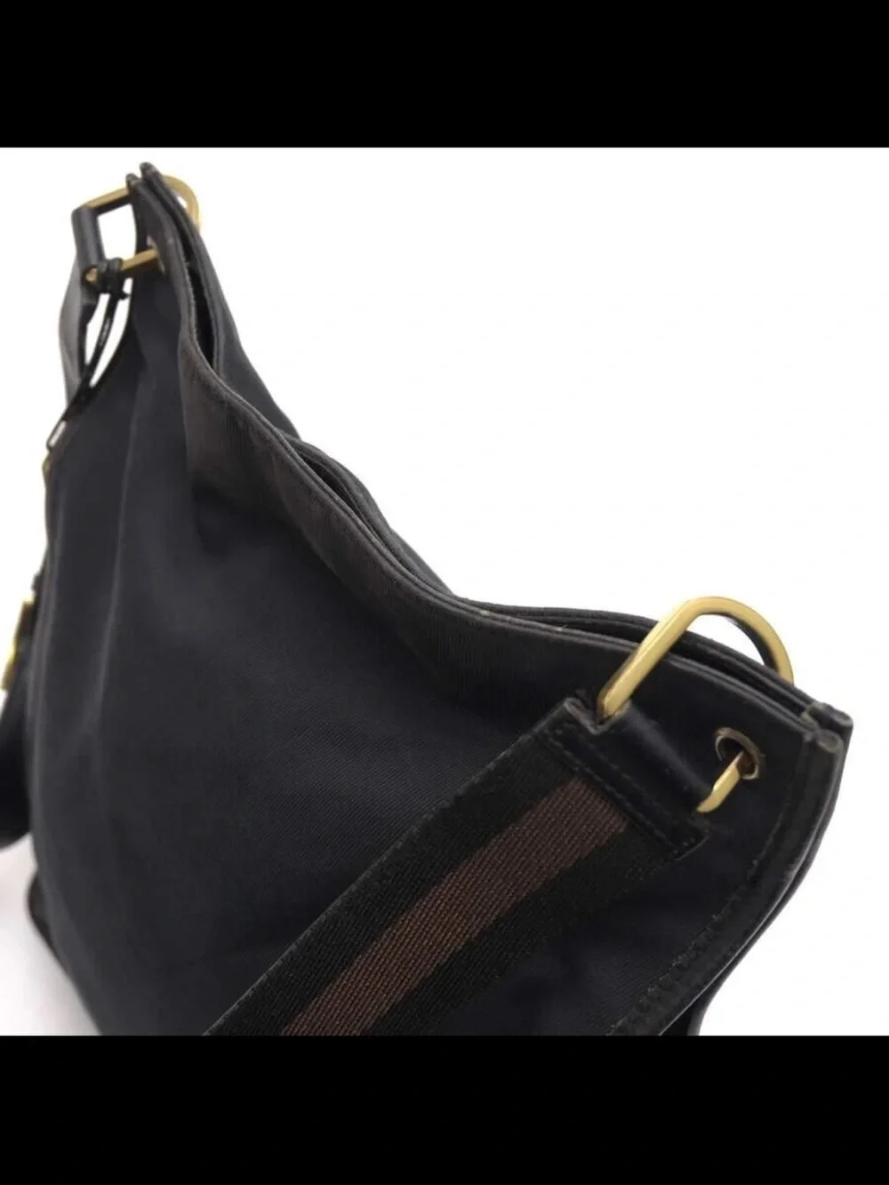 Gucci Black Nylon Messenger Bag with Brown Stripe Webbing